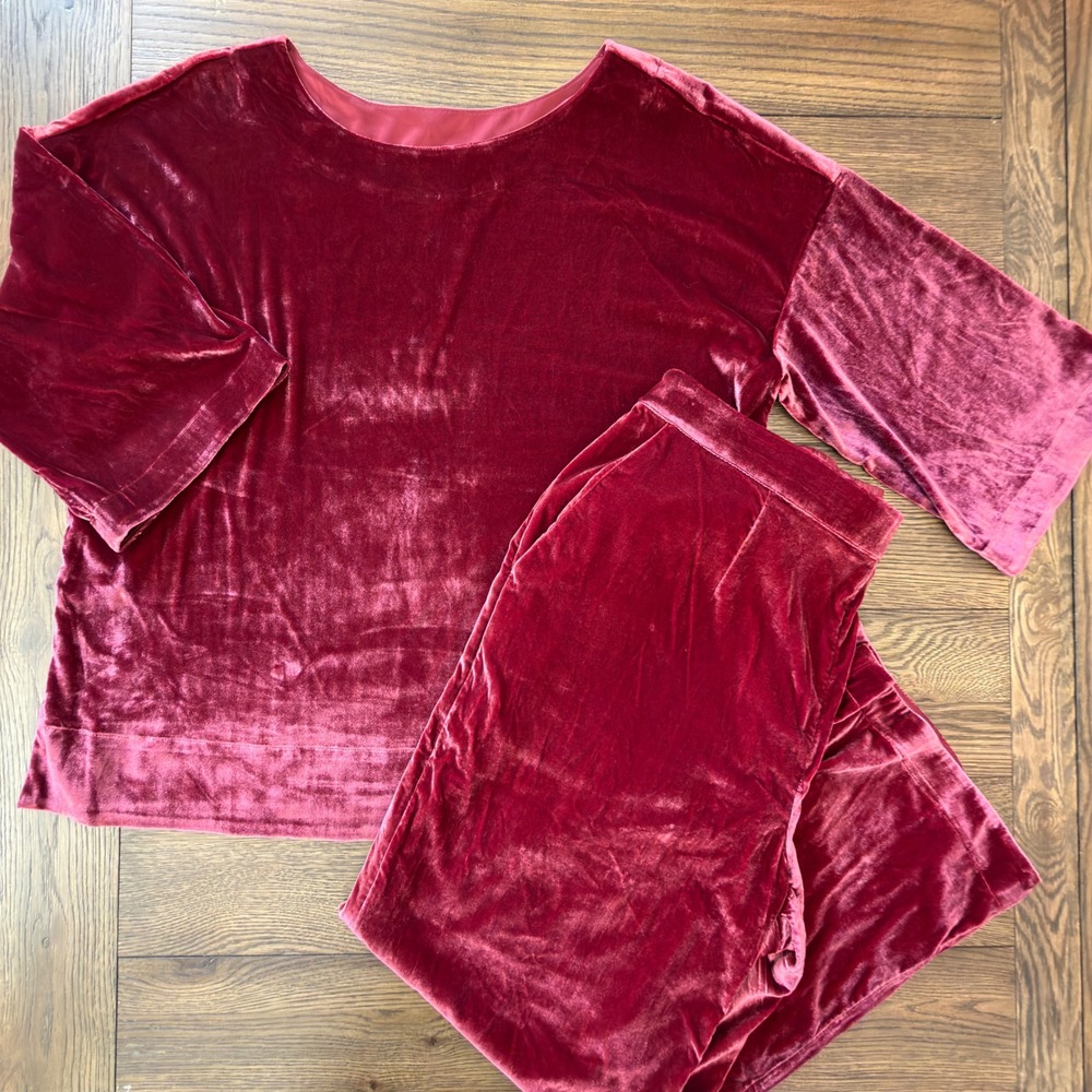 Soft Surroundings Velvet 2 Piece Set Burgundy Top & Wide Leg Pants XL 2GB67